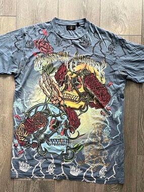 Christian Audigier Vintage Skull and Roses Rhinestone All-Over Print T-Shirt